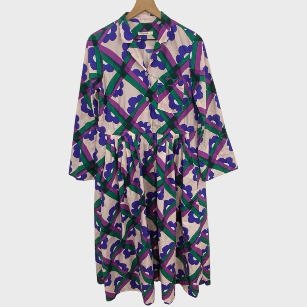 Odeeh Purple Green Geometric Floral Oversized Button Down Shirt Dress Small